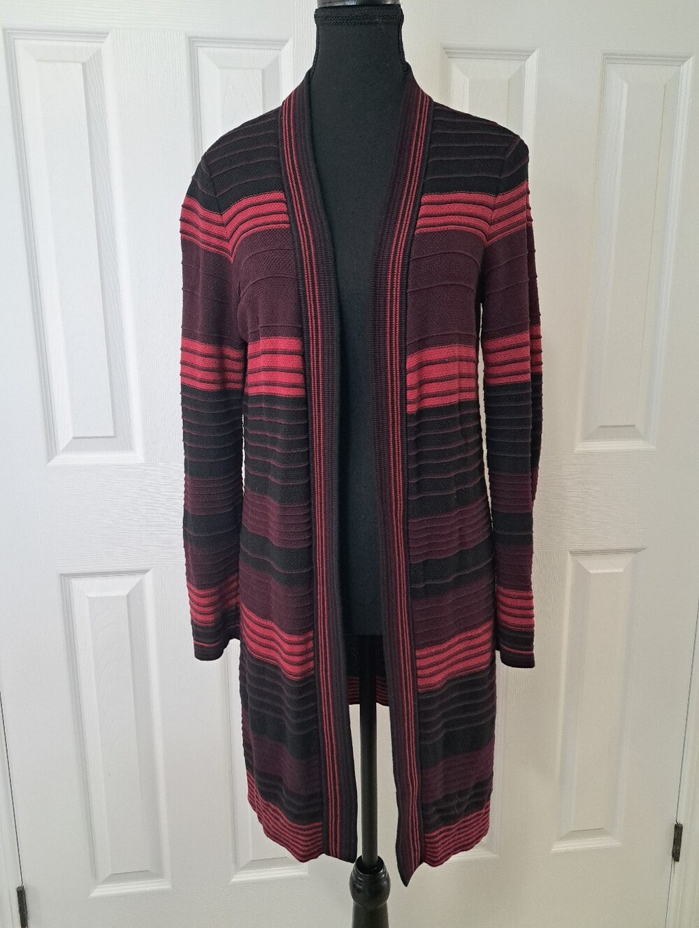 Chico's Open Front Long Cardigan Knit Sweater Stripes Fall Cozy Classic Small